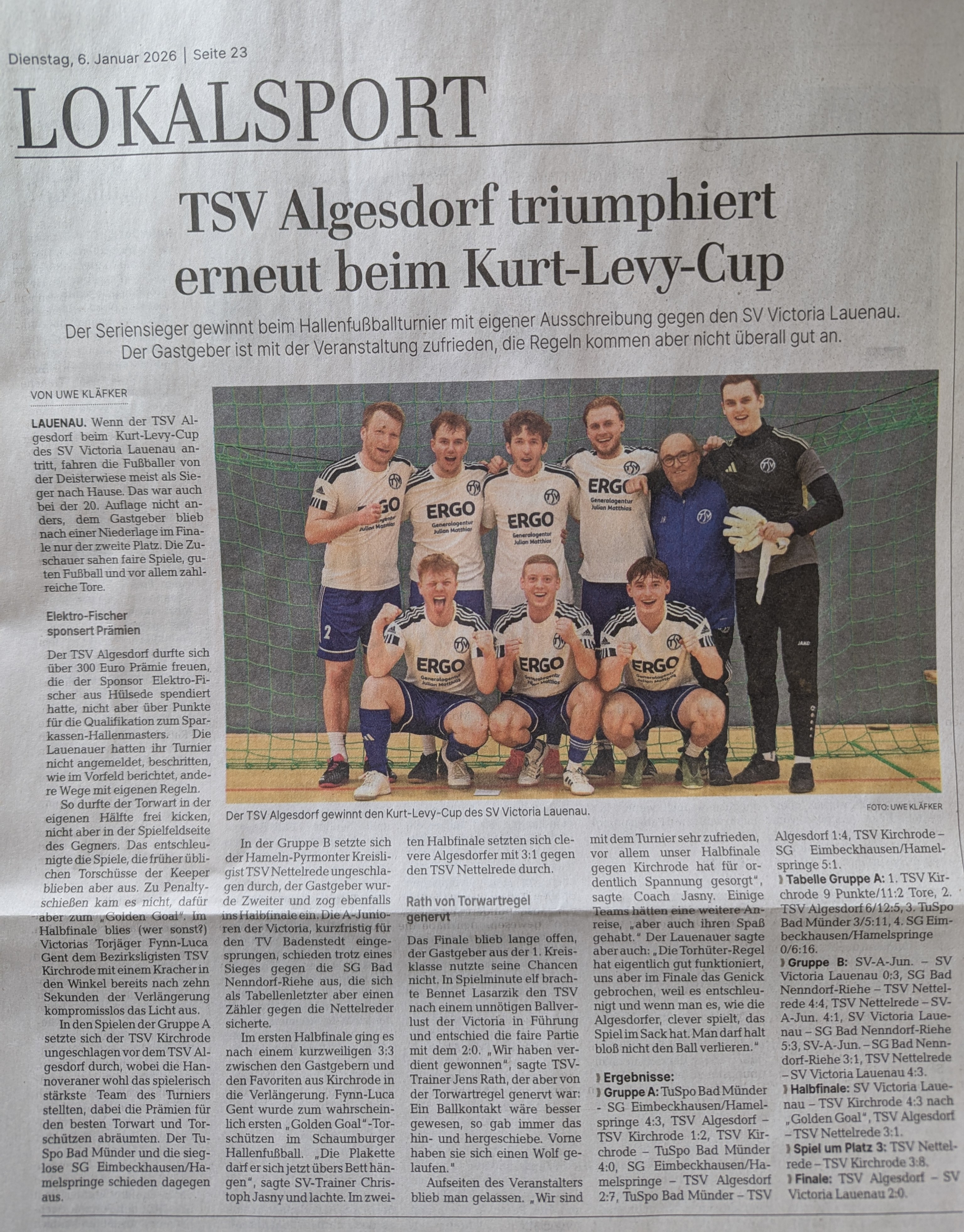 Zeitungsartikel SN-Online 6.1.2026 Kurt-Levy-Cup
